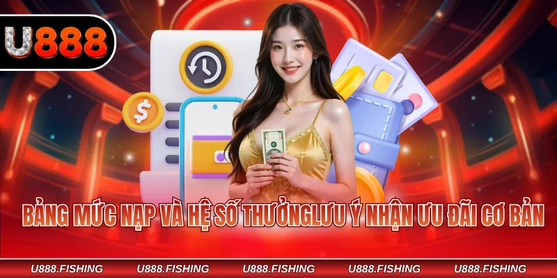 Tiền Thưởng Bí Ẩn Chào Đón Thành Viên Mới Tại U888 3 Bảng mức nạp và hệ số thưởng